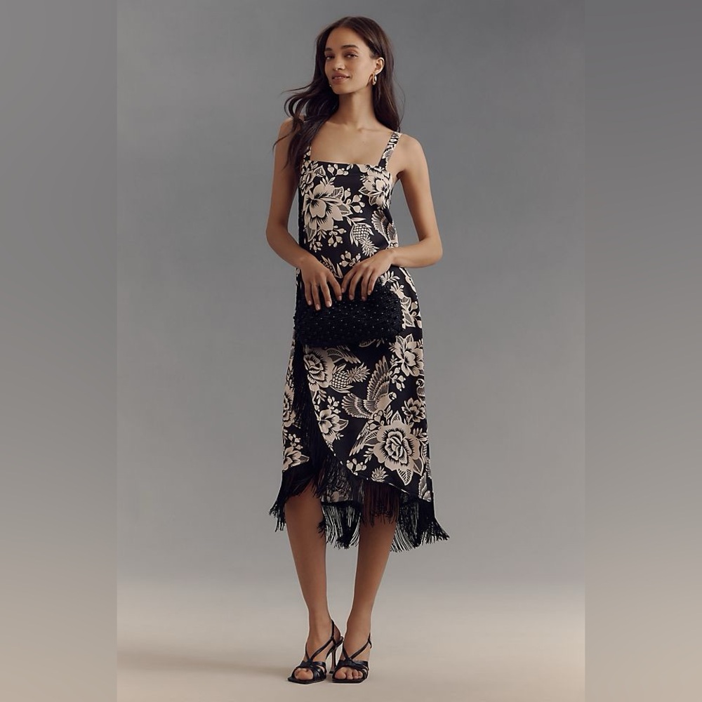 Farm Rio Sleeveless Square-Neckline Fringe Midi Dress